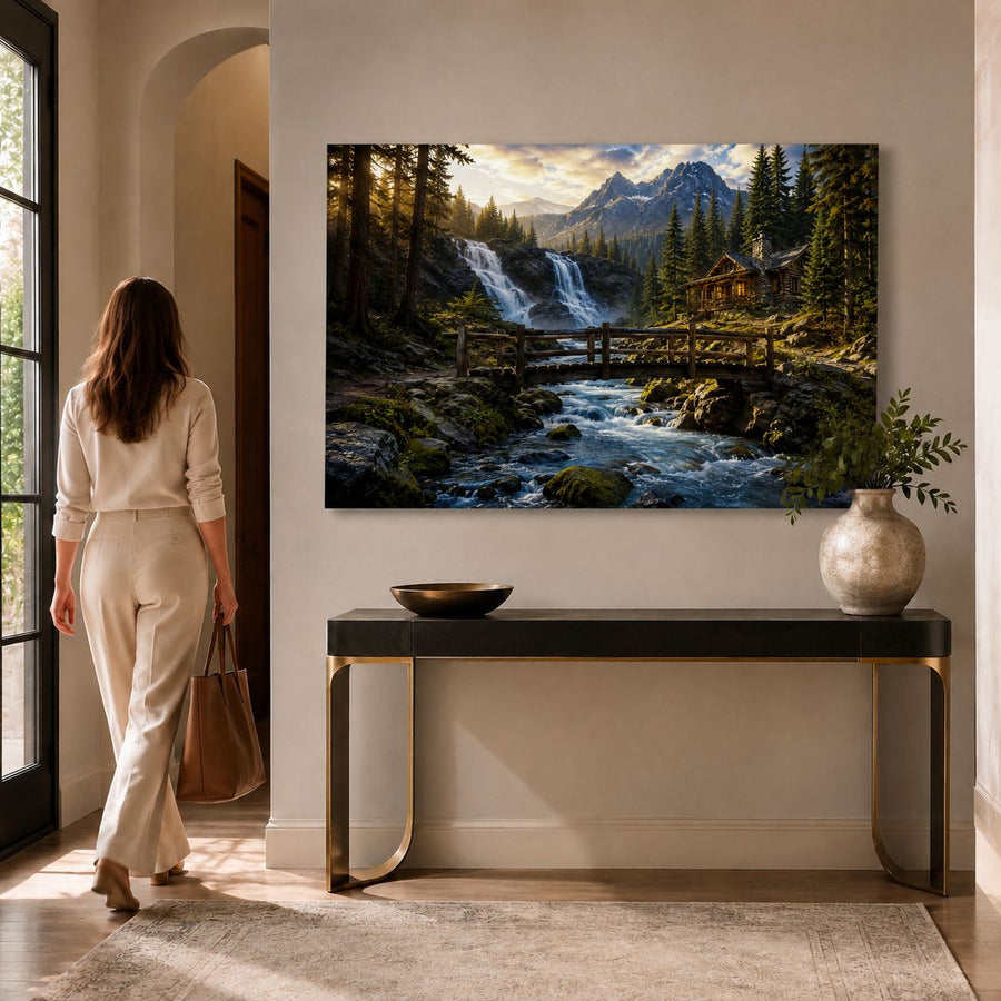 A woman in a cream outfit stands in a bright hallway looking at a large wall art print depicting a mountain landscape with a waterfall, forest, and stream. The print is displayed above a console table with a vase in a modern interior setting.