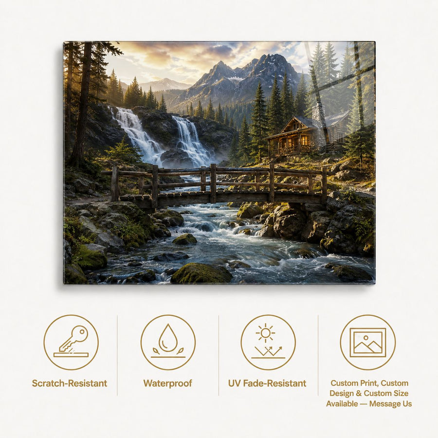 A rectangular wall art print or canvas showing a mountain landscape with waterfalls, a wooden bridge, trees, and a cabin, displayed on a light background with feature icons below for scratch resistance, waterproofing, UV fade resistance, and custom print options.