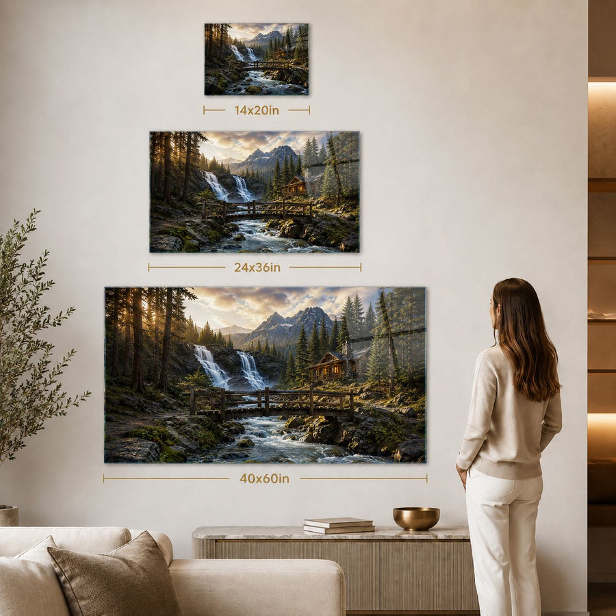 A woman stands in a living room facing a large wall display of three framed landscape prints with dimension labels: 14x20in, 24x36in, and 40x60in. The prints show a forest waterfall scene with mountains, trees, and a wooden cabin.