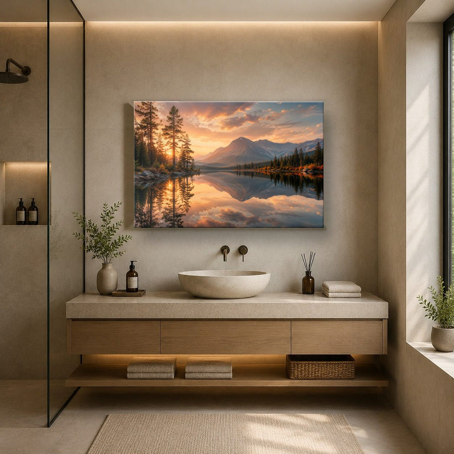 Nature Landscapes 1 tempered glass wall art displayed in a Bathroom Wall Art — premium UV-printed glass panel by Glass Wall Decor