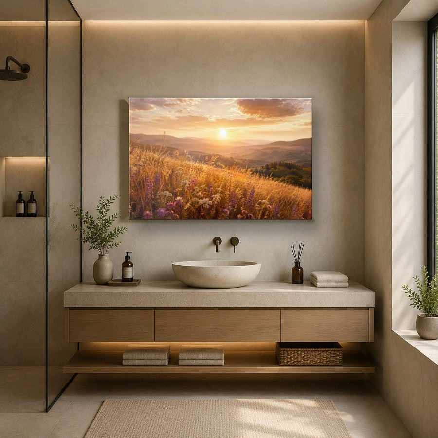 Nature Landscapes 5 tempered glass wall art displayed in a Bathroom Wall Art — premium UV-printed glass panel by Glass Wall Decor