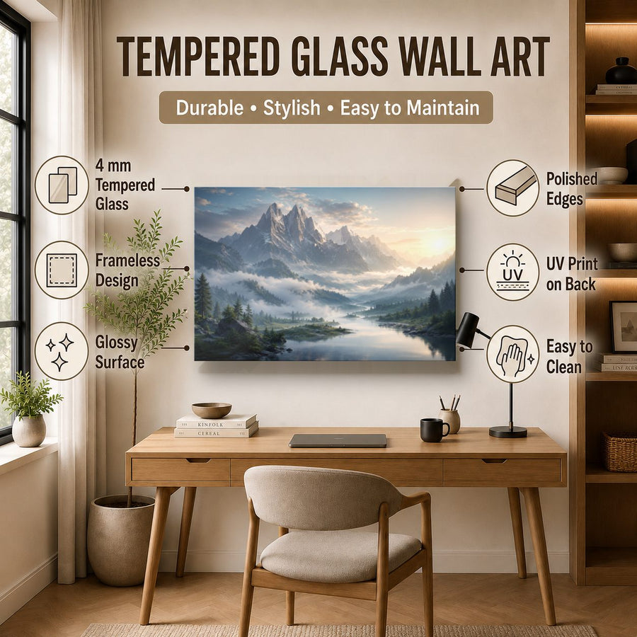 Nature Landscapes 6 tempered glass wall art displayed in a Office Wall Art — premium UV-printed glass panel by Glass Wall Decor