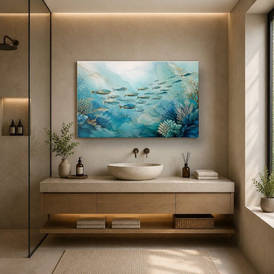 Ocean Coastal 1 tempered glass wall art displayed in a Bathroom Wall Art — premium UV-printed glass panel by Glass Wall Decor