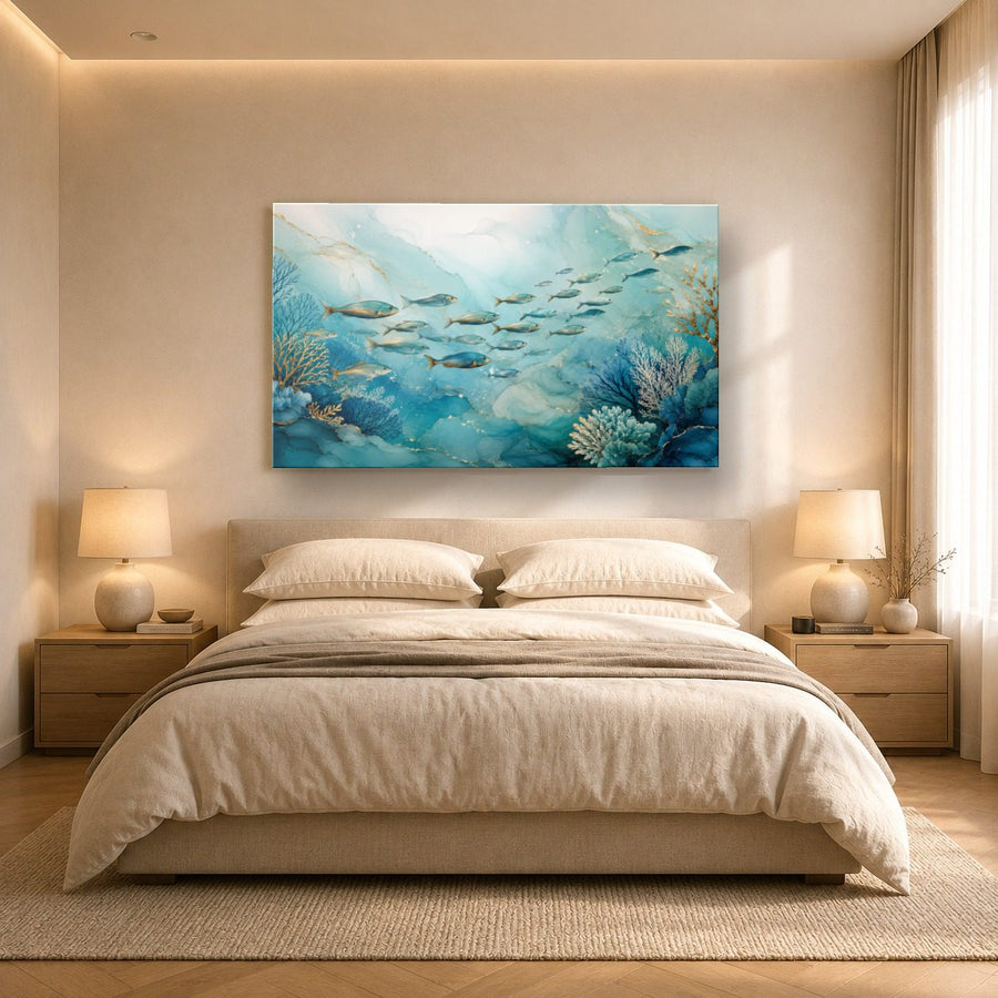 Ocean Coastal 1 tempered glass wall art displayed in a Bedroom Wall Art — premium UV-printed glass panel by Glass Wall Decor