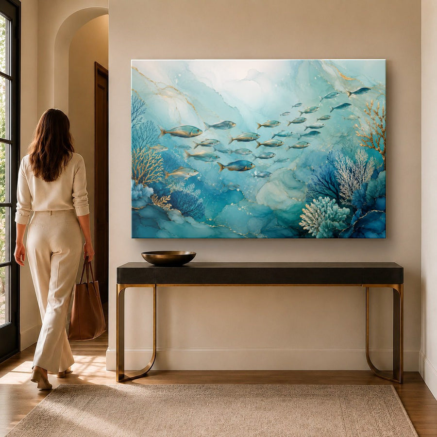 Ocean Coastal 1 tempered glass wall art displayed in a Entryway Wall Art — premium UV-printed glass panel by Glass Wall Decor