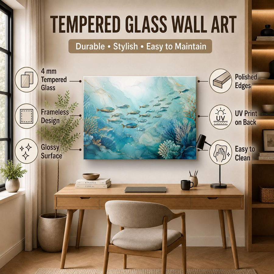Ocean Coastal 1 tempered glass wall art displayed in a Office Wall Art — premium UV-printed glass panel by Glass Wall Decor