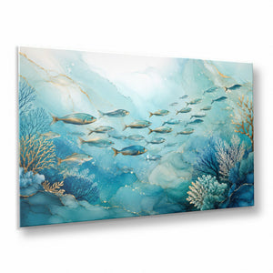 Blue Fish Coral Reef Tempered Glass Wall Art