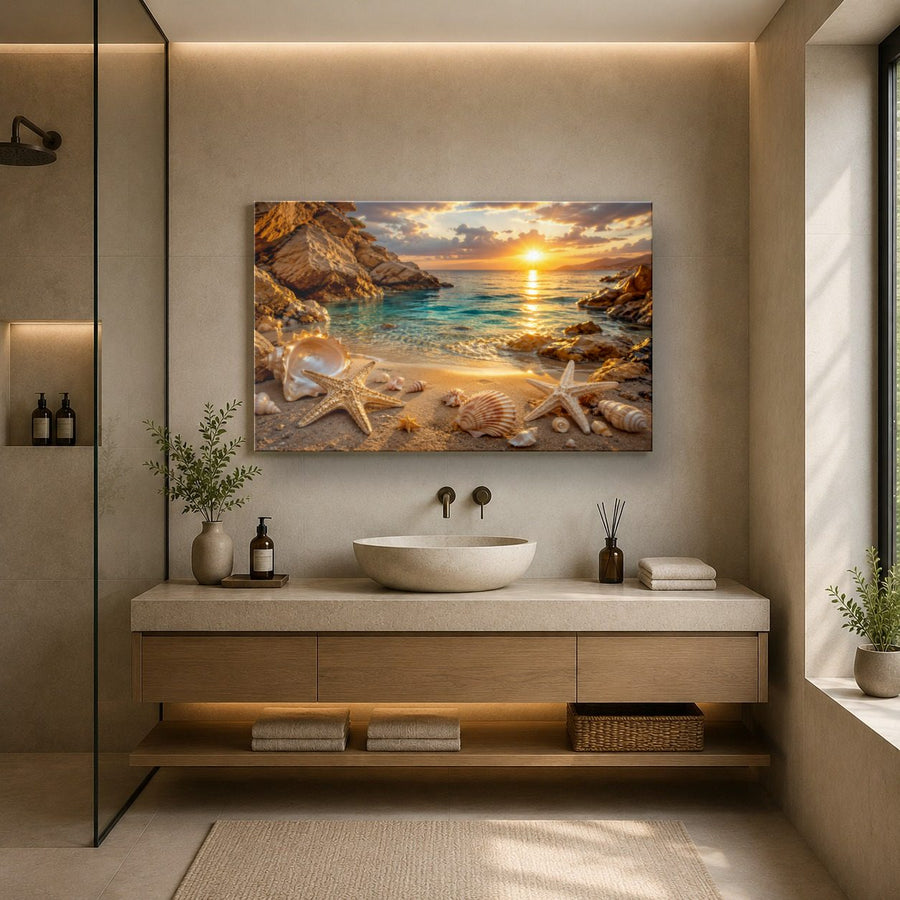 Ocean Coastal 2 tempered glass wall art displayed in a Bathroom Wall Art — premium UV-printed glass panel by Glass Wall Decor