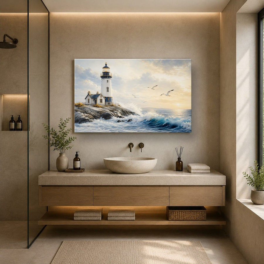 Ocean Coastal 3 tempered glass wall art displayed in a Bathroom Wall Art — premium UV-printed glass panel by Glass Wall Decor