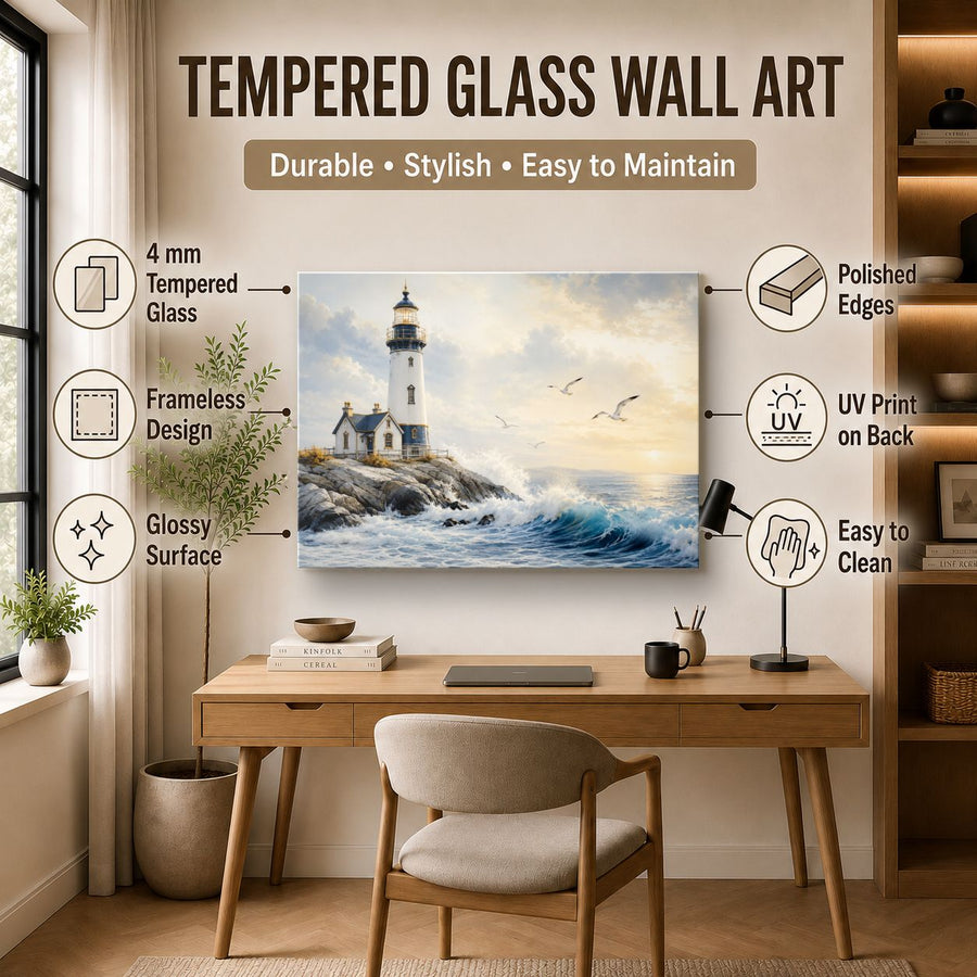 Ocean Coastal 3 tempered glass wall art displayed in a Office Wall Art — premium UV-printed glass panel by Glass Wall Decor