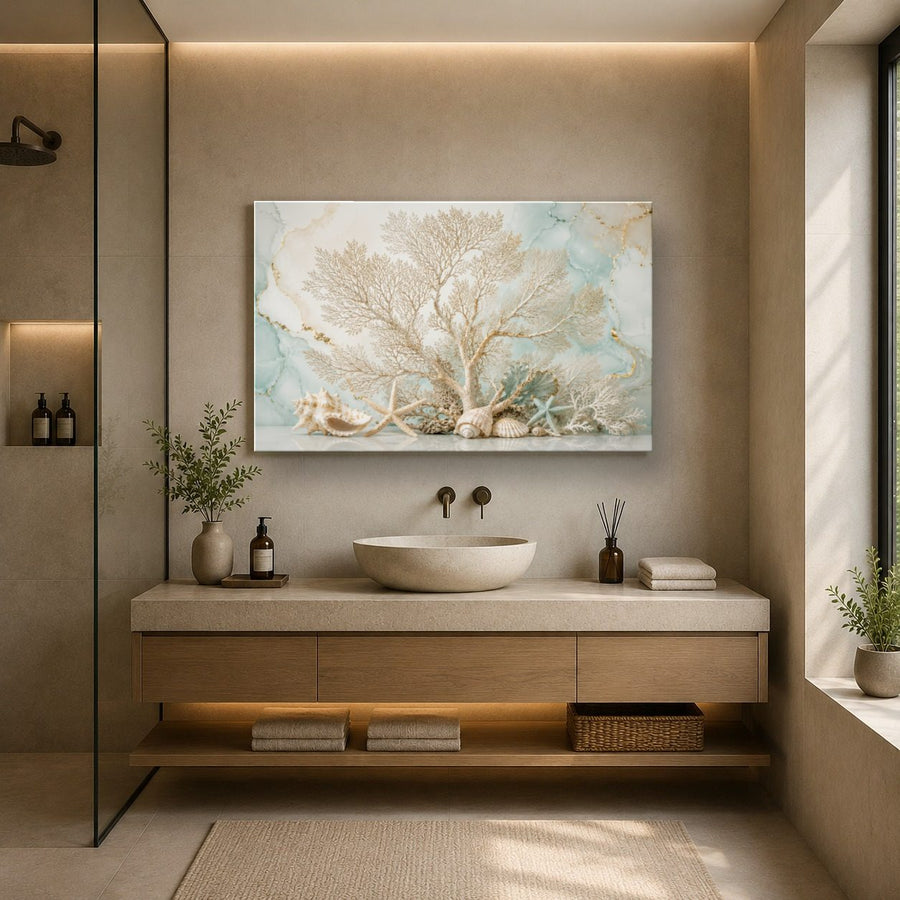 Ocean Coastal 4 tempered glass wall art displayed in a Bathroom Wall Art — premium UV-printed glass panel by Glass Wall Decor