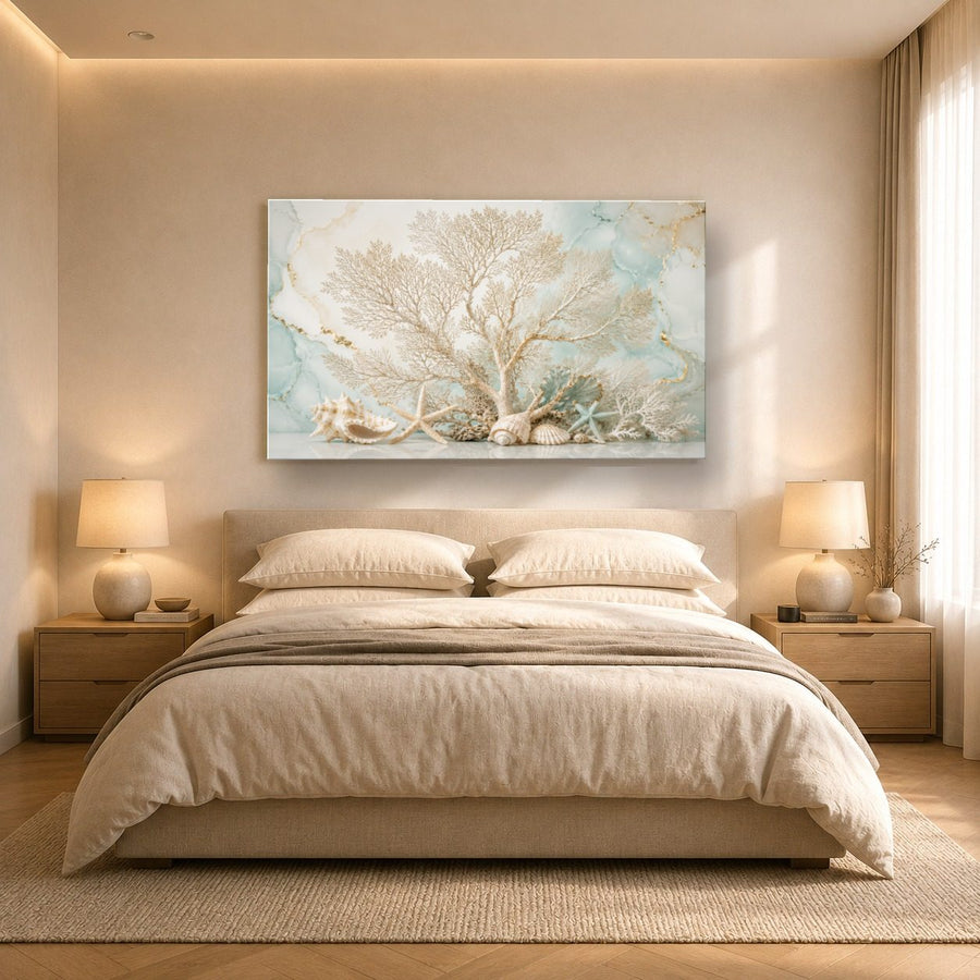 Ocean Coastal 4 tempered glass wall art displayed in a Bedroom Wall Art — premium UV-printed glass panel by Glass Wall Decor