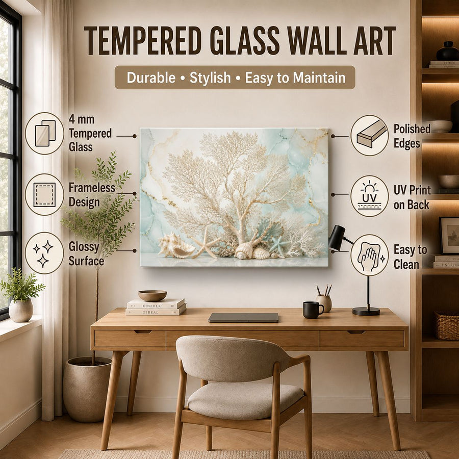 Ocean Coastal 4 tempered glass wall art displayed in a Office Wall Art — premium UV-printed glass panel by Glass Wall Decor
