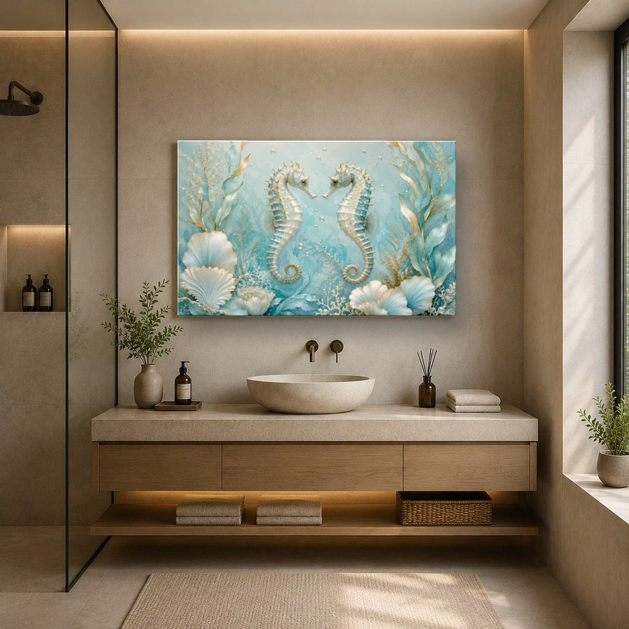 Ocean Coastal 5 tempered glass wall art displayed in a Bathroom Wall Art — premium UV-printed glass panel by Glass Wall Decor