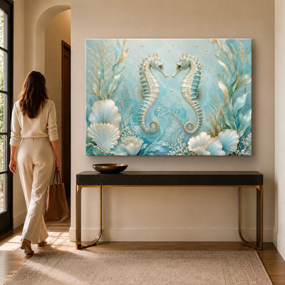 Aqua Seahorse Pair Tempered Glass Wall Art