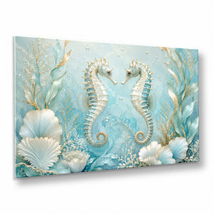 Aqua Seahorse Pair Tempered Glass Wall Art