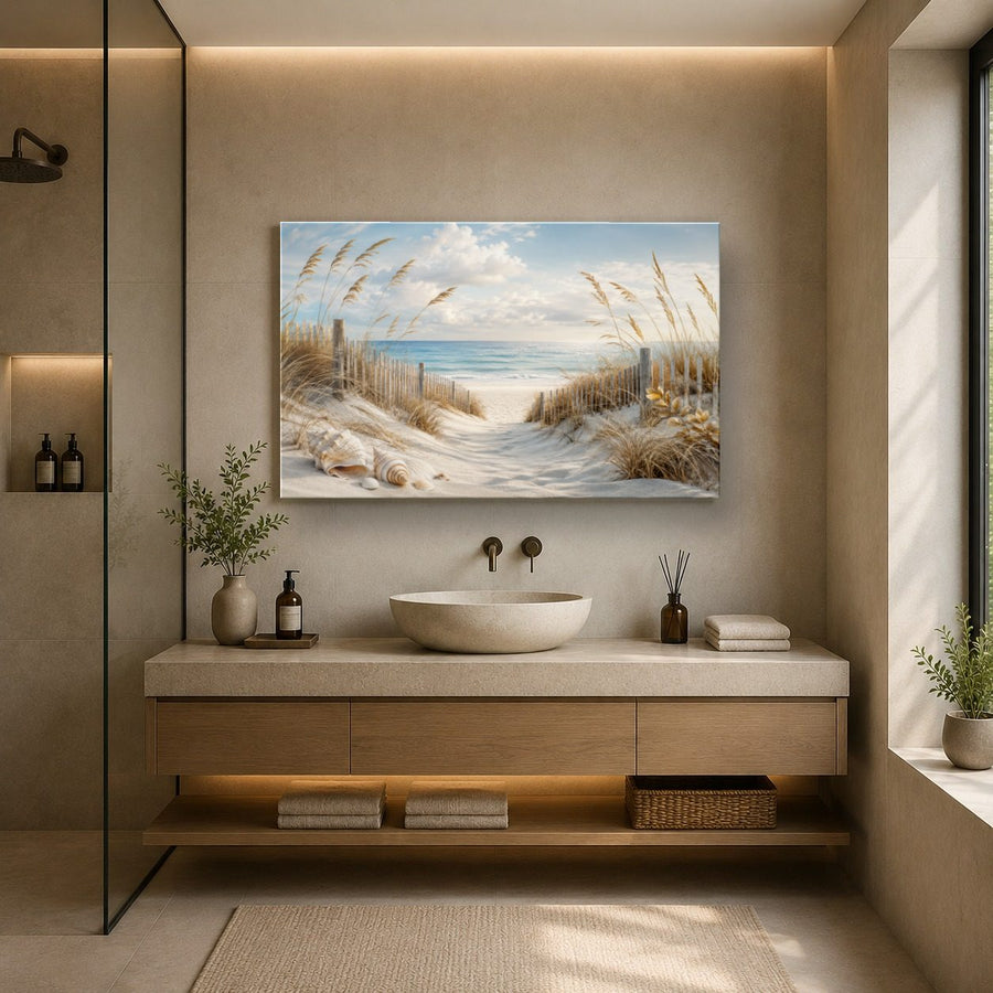 Ocean Coastal 6 tempered glass wall art displayed in a Bathroom Wall Art — premium UV-printed glass panel by Glass Wall Decor