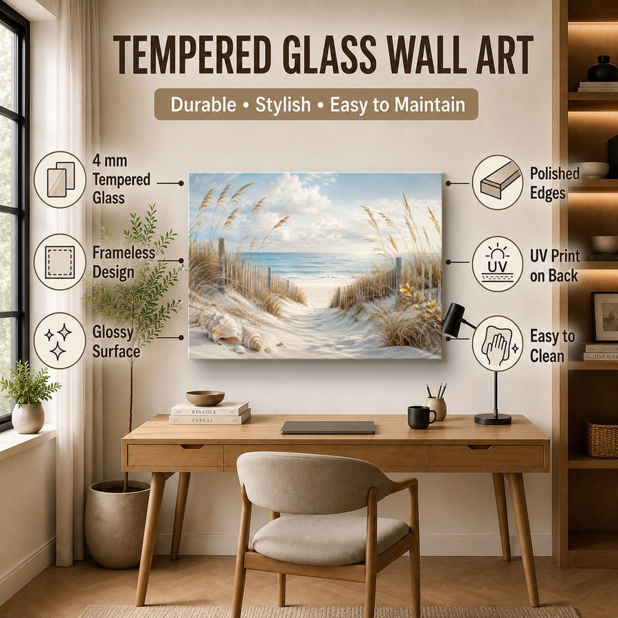 Ocean Coastal 6 tempered glass wall art displayed in a Office Wall Art — premium UV-printed glass panel by Glass Wall Decor