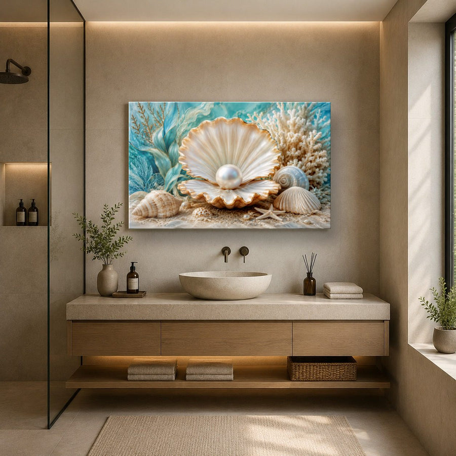 Ocean Coastal 7 tempered glass wall art displayed in a Bathroom Wall Art — premium UV-printed glass panel by Glass Wall Decor
