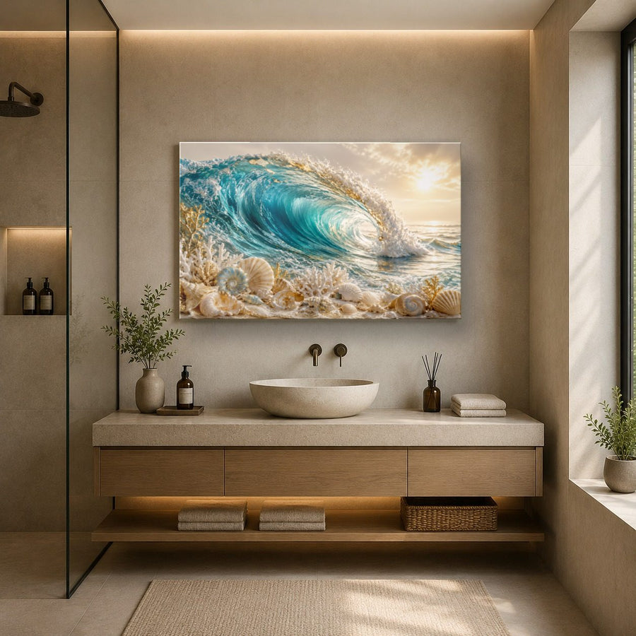 Ocean Coastal 8 tempered glass wall art displayed in a Bathroom Wall Art — premium UV-printed glass panel by Glass Wall Decor