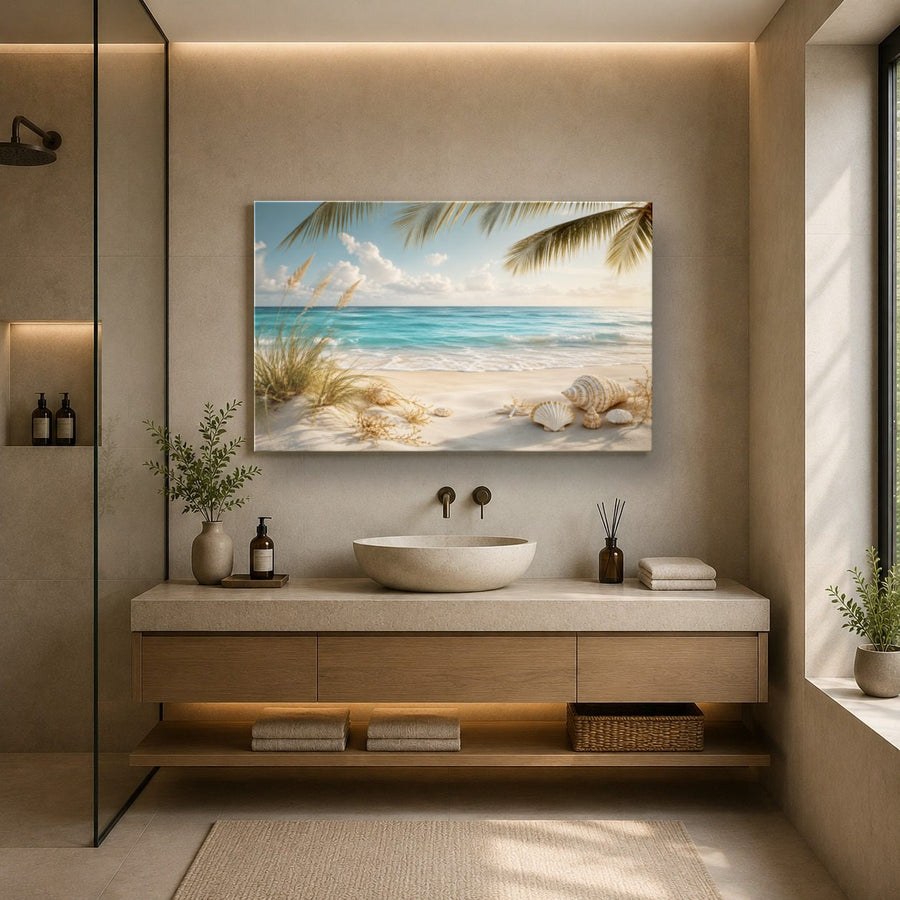 Ocean Coastal 9 tempered glass wall art displayed in a Bathroom Wall Art — premium UV-printed glass panel by Glass Wall Decor