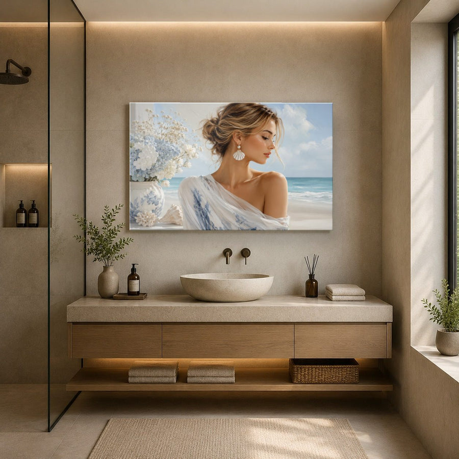 Portraits Figures 2 tempered glass wall art displayed in a Bathroom Wall Art — premium UV-printed glass panel by Glass Wall Decor