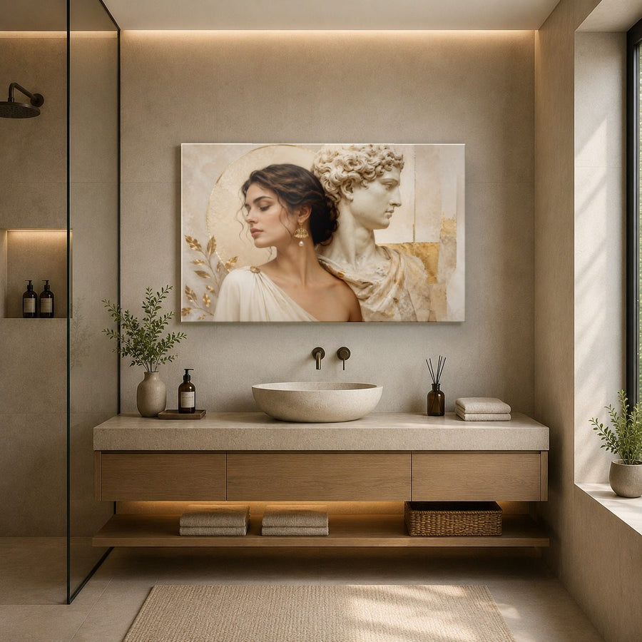 Portraits Figures 3 tempered glass wall art displayed in a Bathroom Wall Art — premium UV-printed glass panel by Glass Wall Decor