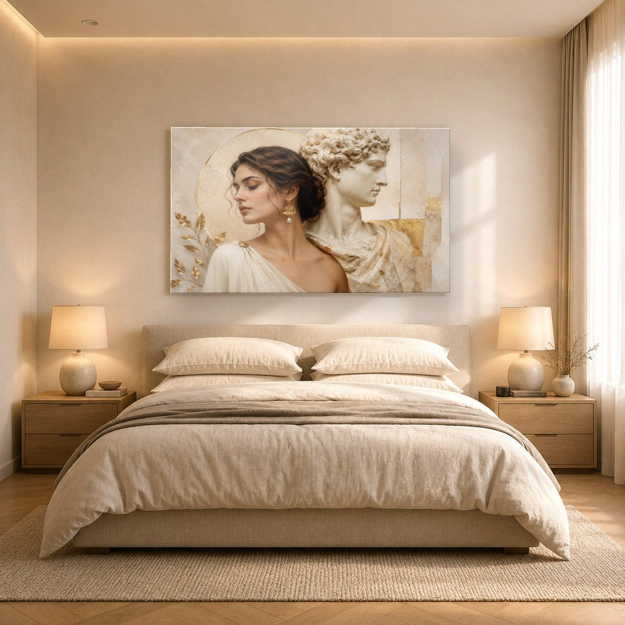 Portraits Figures 3 tempered glass wall art displayed in a Bedroom Wall Art — premium UV-printed glass panel by Glass Wall Decor