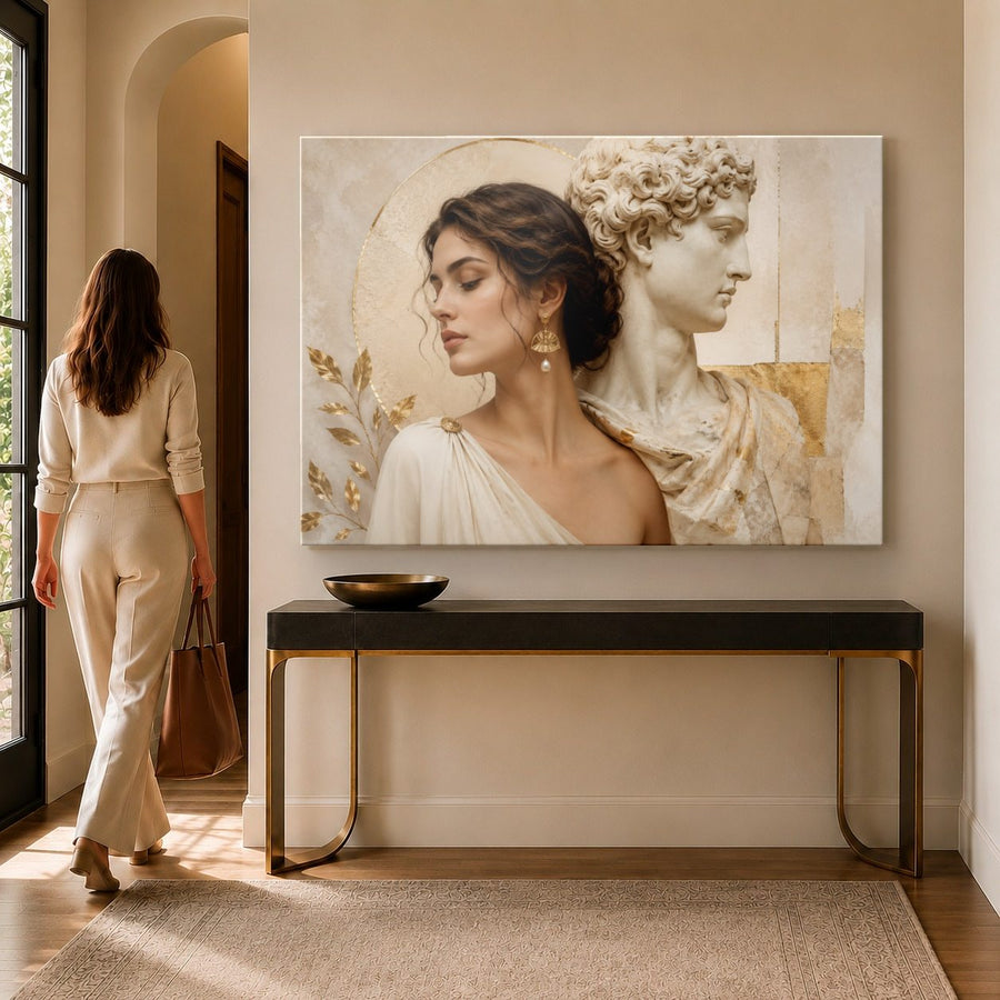Portraits Figures 3 tempered glass wall art displayed in a Entryway Wall Art — premium UV-printed glass panel by Glass Wall Decor