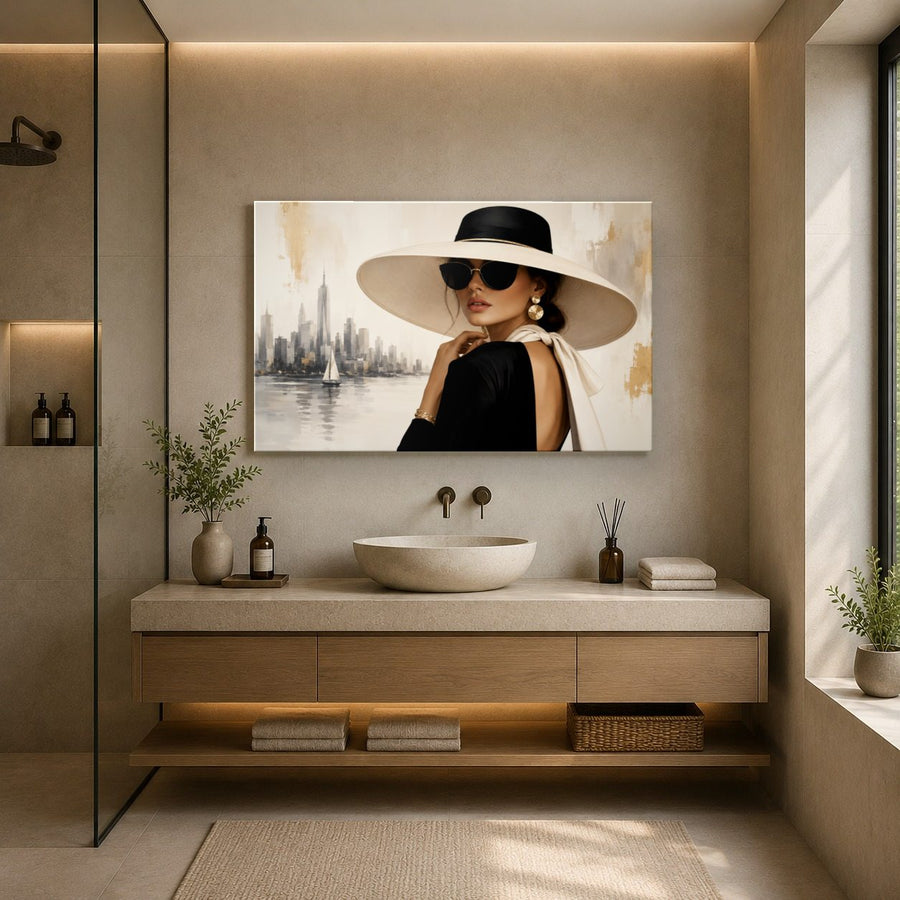 Portraits Figures 4 tempered glass wall art displayed in a Bathroom Wall Art — premium UV-printed glass panel by Glass Wall Decor