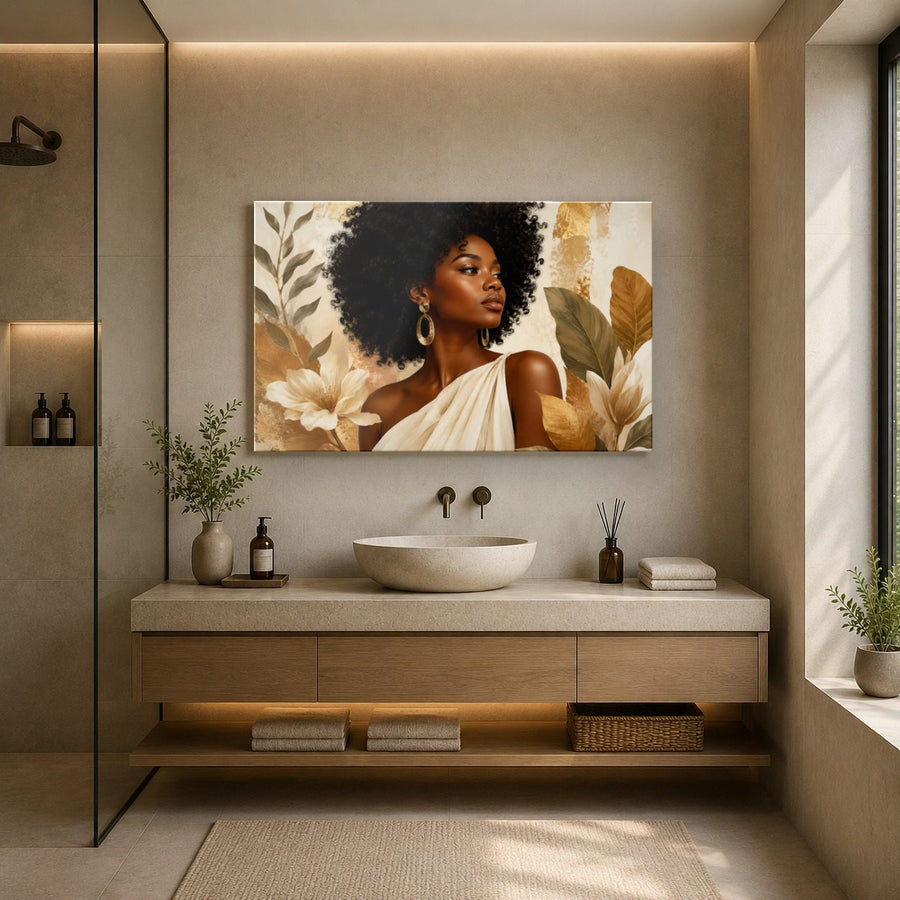 Portraits Figures 5 tempered glass wall art displayed in a Bathroom Wall Art — premium UV-printed glass panel by Glass Wall Decor