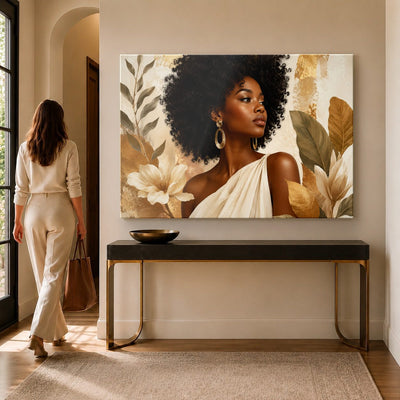 Afro Woman Gold Botanical Tempered Glass Wall Art