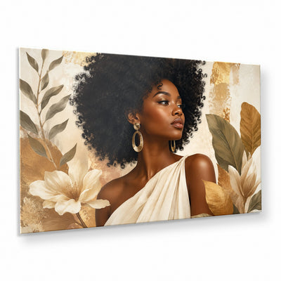 Afro Woman Gold Botanical Tempered Glass Wall Art