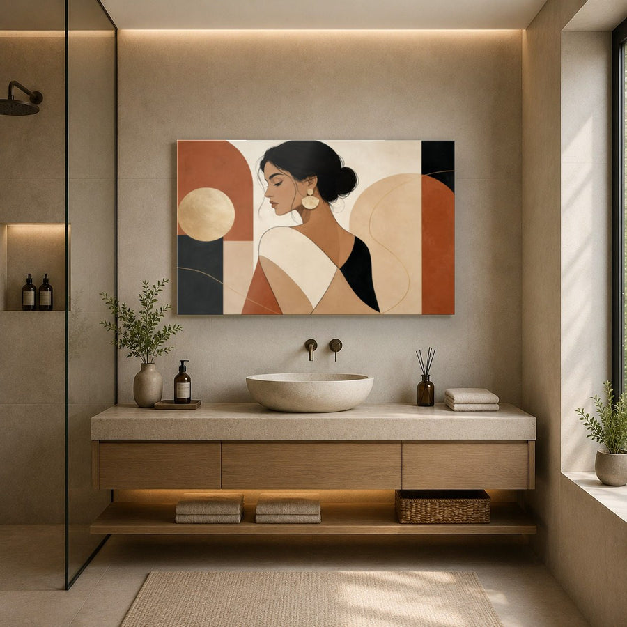 Portraits Figures 8 tempered glass wall art displayed in a Bathroom Wall Art — premium UV-printed glass panel by Glass Wall Decor
