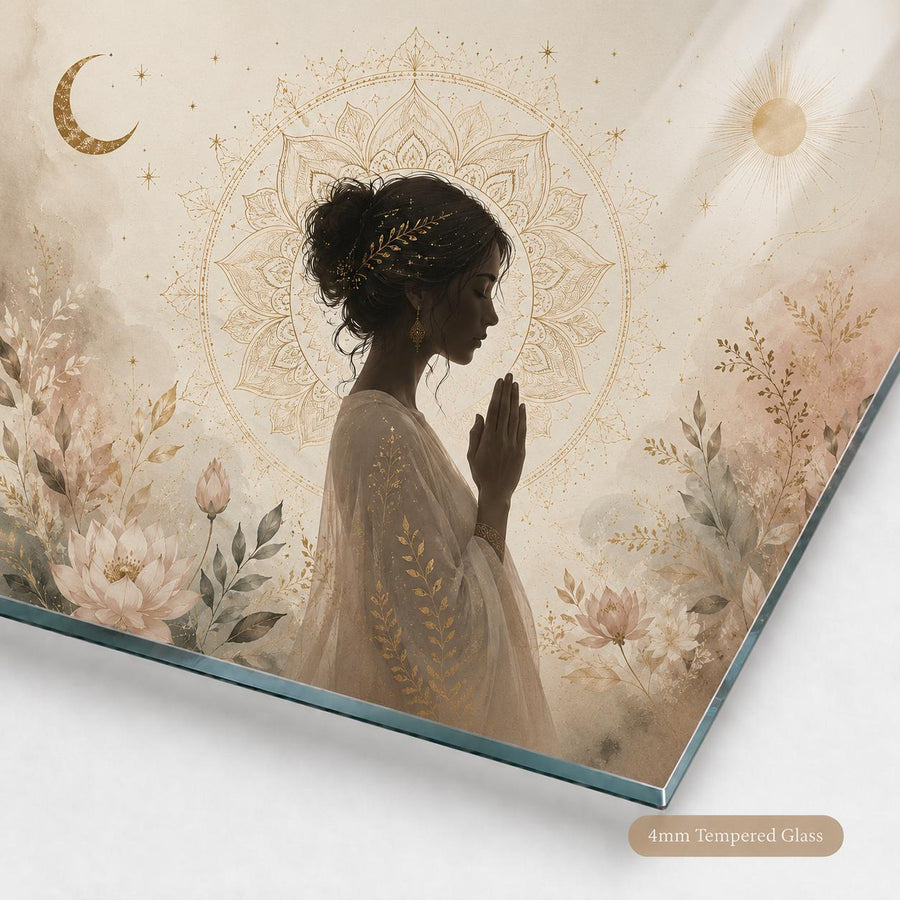 A rectangular glass art print or panel shown at an angle on a white background, featuring a serene profile portrait of a woman in prayer with a gold mandala halo, floral details, and celestial motifs. Text at the bottom right reads '4mm Tempered Glass'.