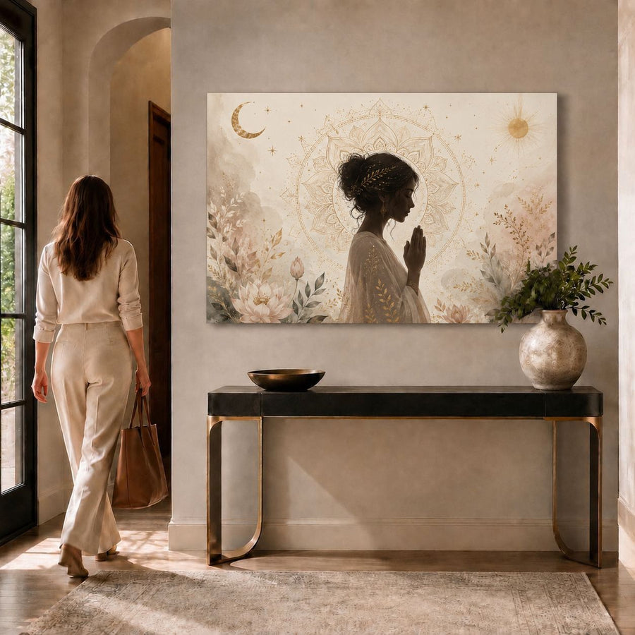 A woman in a cream outfit walks past a console table toward a large wall art print depicting a silhouette of a woman in prayer with a crescent moon and floral background, set in a warm, modern interior.
