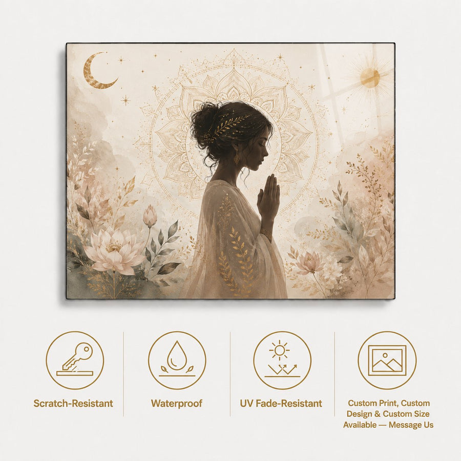 A framed wall art print featuring a serene profile portrait of a woman in prayer surrounded by soft floral and celestial motifs in warm beige, cream, and tan tones. Below the framed artwork are four feature icons with text reading Scratch-Resistant, Waterproof, UV Fade-Resistant, and Custom Print / Custom Design / Custom Size Available — Message Us.