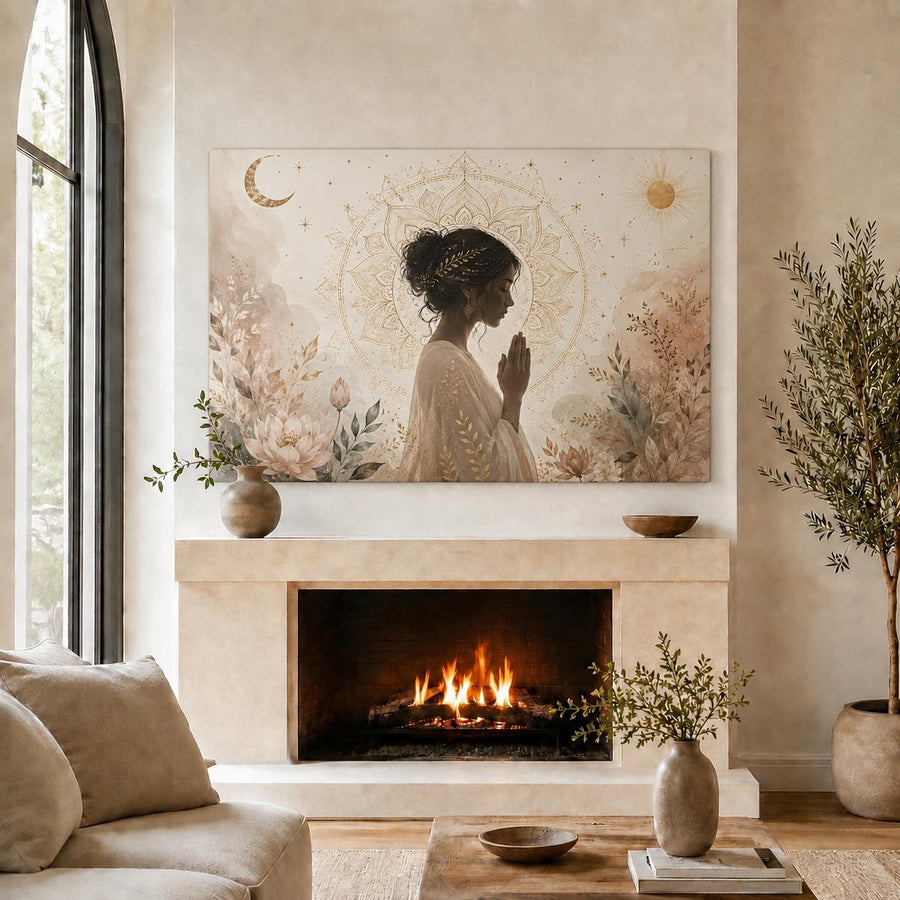 A large rectangular wall art print hangs above a fireplace in a softly styled living room. The artwork shows a woman in profile with hands together in prayer, surrounded by a warm cream and beige mandala-like circular design, with a crescent moon and sun in the upper corners and botanical details at the sides.