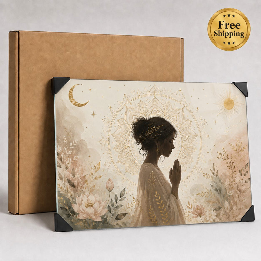 A rectangular canvas or print with black corner protectors, featuring a serene illustration of a woman in profile with hands in prayer, surrounded by soft floral and celestial motifs. A plain brown box stands behind it on a light neutral background, and a gold 'Free Shipping' badge appears in the top-right corner.