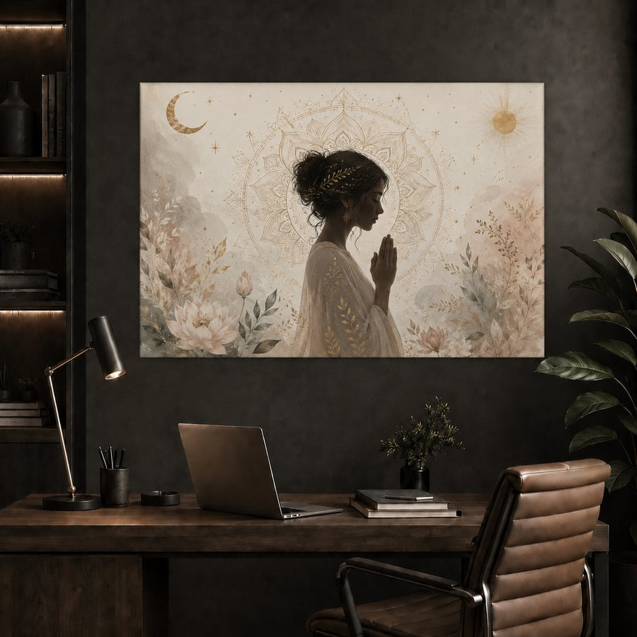 A large wall art print depicting a woman in prayer with a crescent moon and floral mandala design, displayed in a modern home office setting above a wooden desk with a laptop, lamp, and chair.