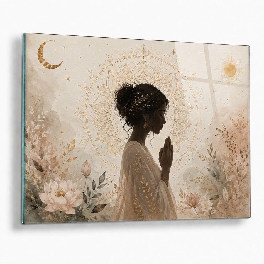 A rectangular wall art print or canvas showing a serene profile portrait of a woman in prayer, surrounded by soft floral arrangements, a crescent moon, stars, and a faint mandala-like halo in warm beige, cream, blush, and gold tones.