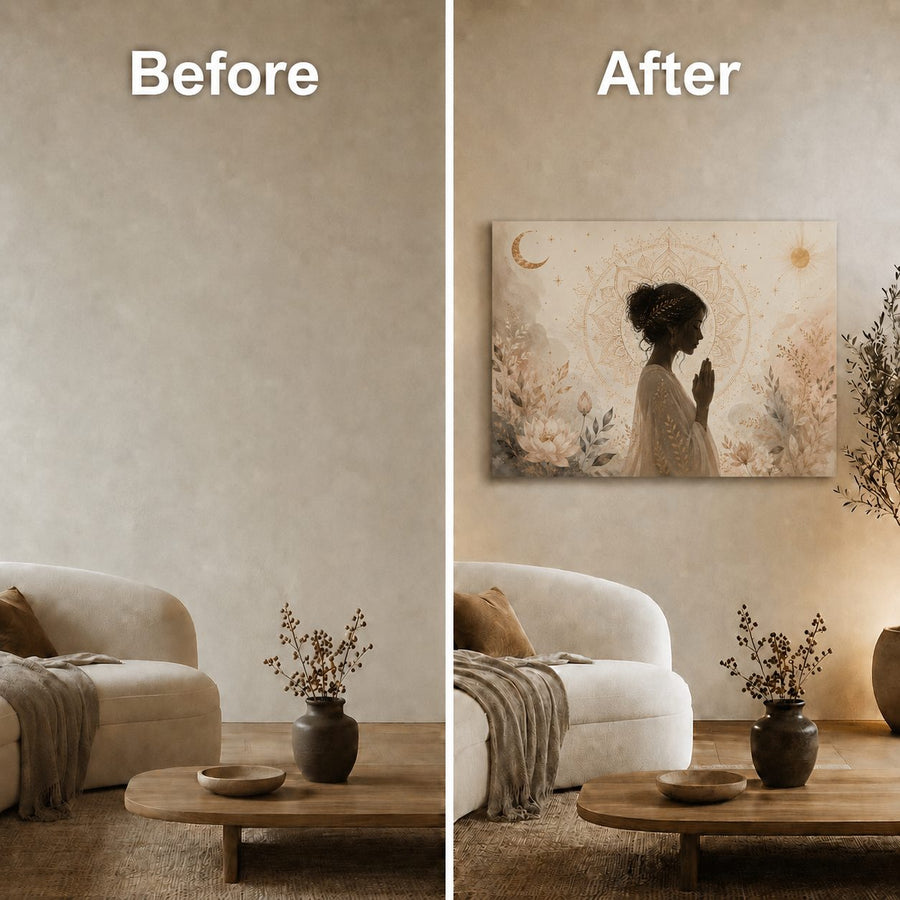 A side-by-side before and after comparison showing a framed wall art print hanging above a sofa in a styled living room. The left side shows a plain beige wall labeled 'Before,' while the right side shows the same wall with the artwork installed and a warm, cozy interior scene below.