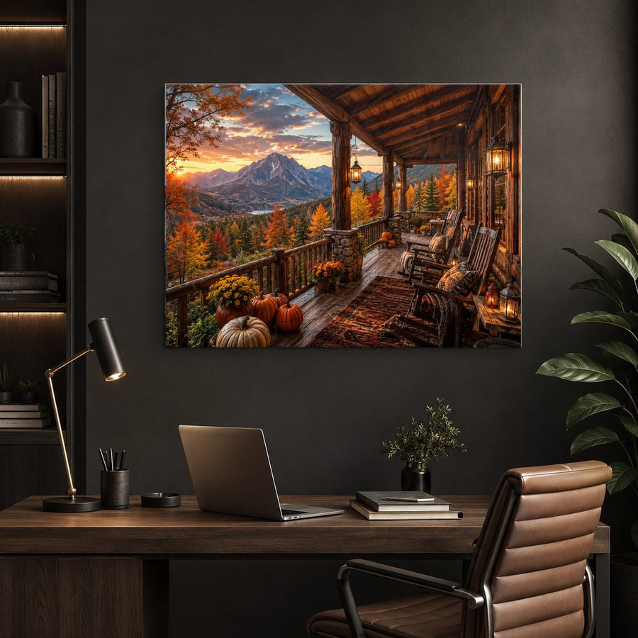 A large rectangular wall art print showing a mountain valley at sunset from a rustic wooden porch, displayed above a dark wood desk in a modern home office setting with a laptop, lamp, chair, and plant.