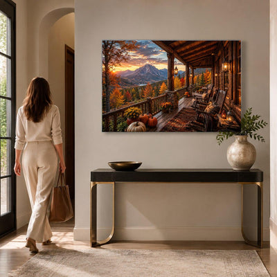 Autumn Cabin Porch Tempered Glass Wall Art