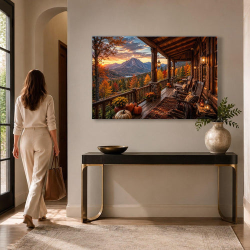 A rectangular wall art print showing a rustic mountain porch at sunset with autumn trees, pumpkins, rocking chairs, and a dramatic sky, photographed against a plain white background.