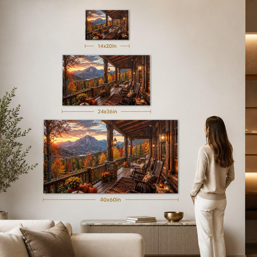 Three framed wall art prints showing mountain porch scenes with autumn foliage are displayed on a beige wall in a living room. The prints are labeled with dimensions 14x20 in, 24x36 in, and 40x60 in.