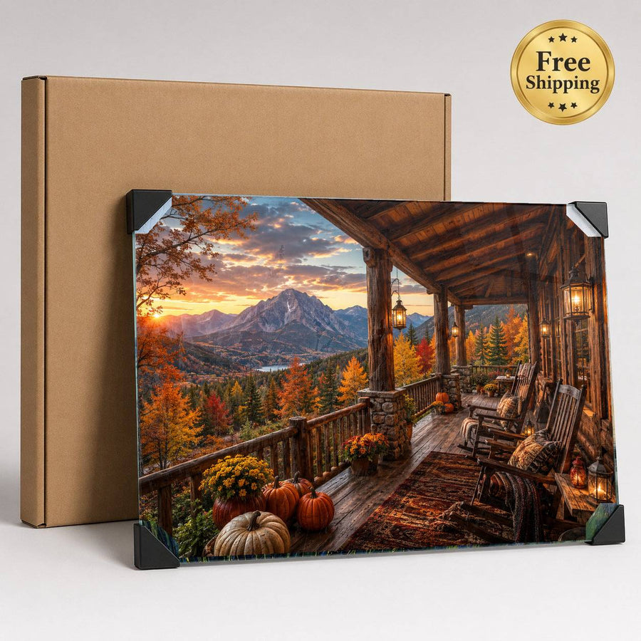 A rectangular canvas or print leaning in front of a plain brown cardboard box, showing a scenic autumn mountain porch with rocking chairs, pumpkins, trees, and a sunset sky. A gold 'Free Shipping' badge appears in the top-right corner.