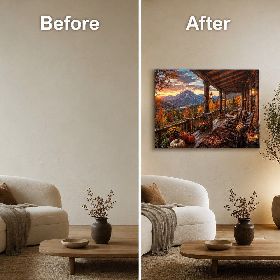 A side-by-side before and after comparison showing a living room wall. The left 'Before' side is mostly blank beige wall.