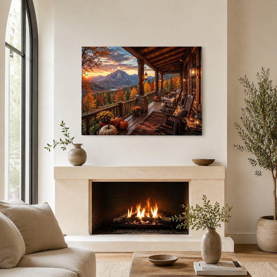 A rectangular wall art print showing a mountain lodge porch at sunset with autumn foliage and a fireplace scene, displayed above a fireplace in a styled living room with a sofa, vases, and plants.
