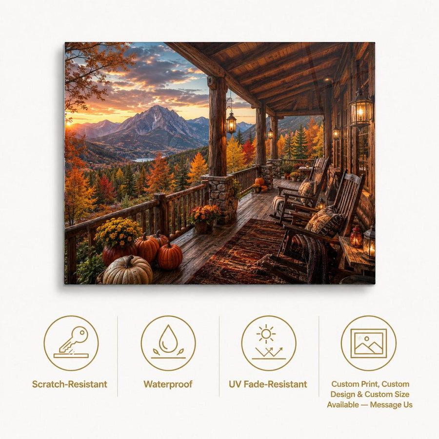 A rectangular wall art print showing a rustic wooden porch overlooking a mountain landscape at sunset, with autumn foliage, pumpkins, rocking chairs, and hanging lanterns. Below the print are four gold-outlined feature icons reading Scratch-Resistant, Waterproof, UV Fade-Resistant, and Custom Print / Custom Design & Custom Size Available — Message Us, on a light gray background.
